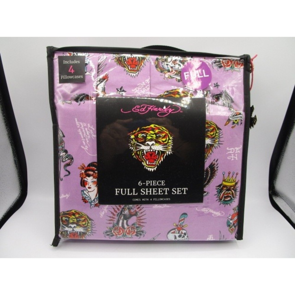 Ed Hardy Full Sheet Set 6 Piece Purple Tattoo Print Skulls Snakes